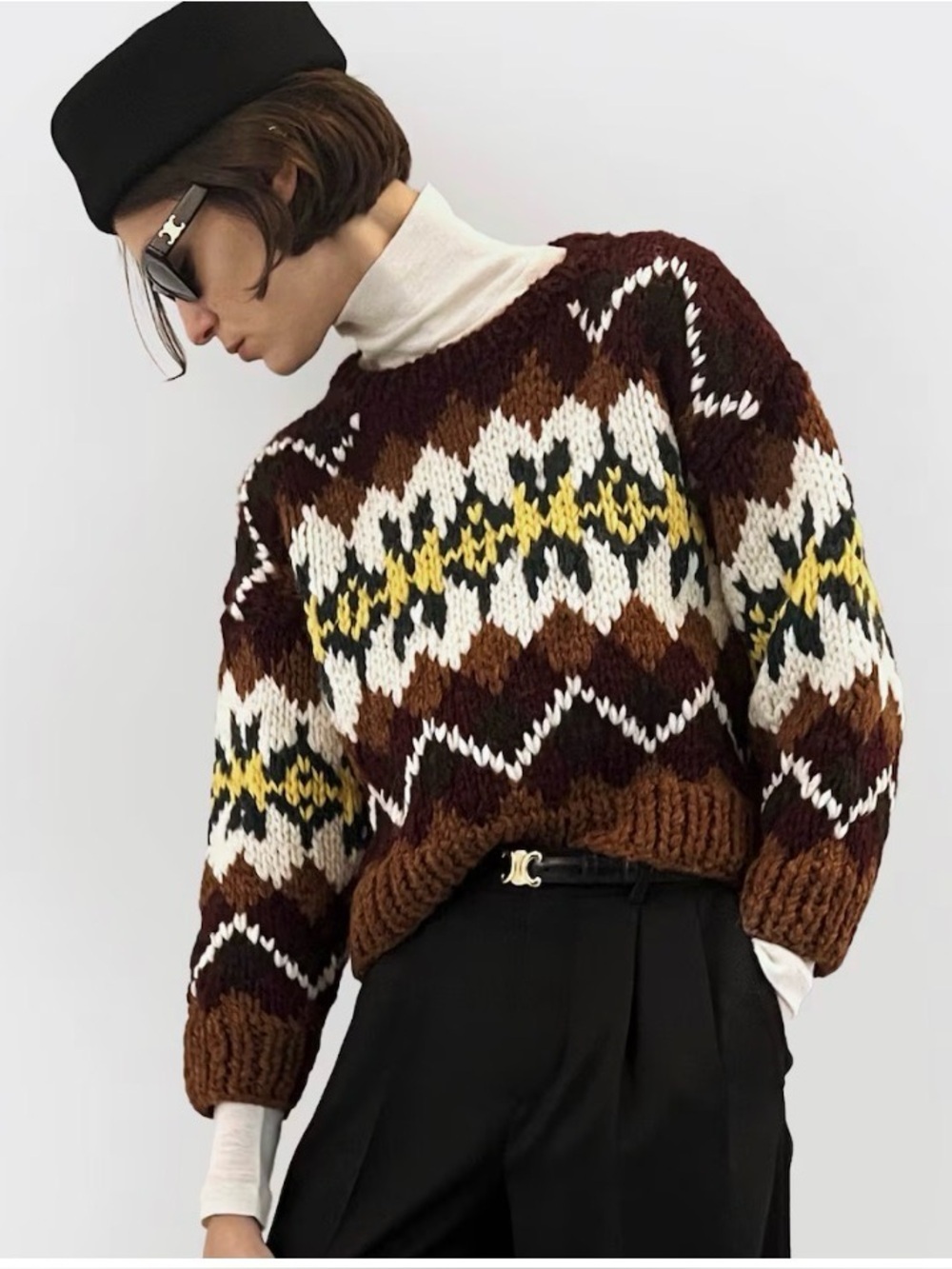Celine Fair Isle Wool Cropped Sweater Burgundy Yellow M $2600 Current Retail